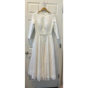 Wedding Dress 1950s Boat Neck L/S Detachable Train Satin French Lace Sz10